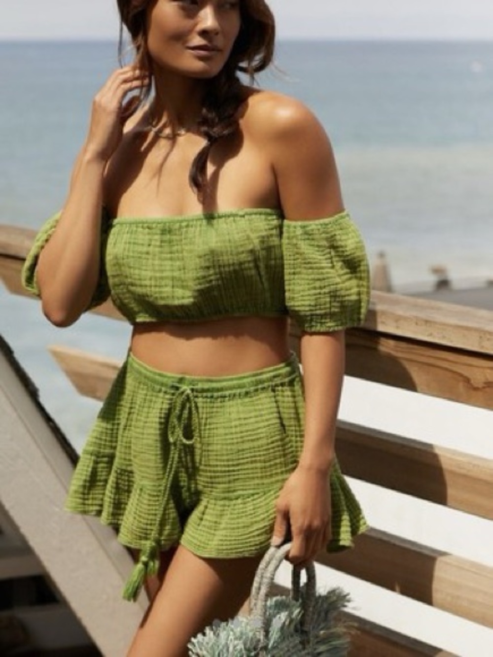 Anthropologie Olive Green Ruffled Skort Set Boho Indie Sleeze Beach
